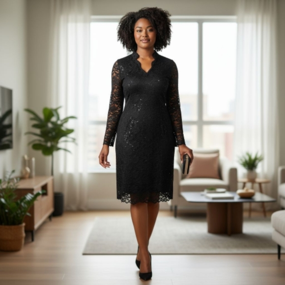 MARINA Black Sequin Lace Long Sleeve Mini Dress Size 12 Cocktail Evening LBD - Picture 2 of 9